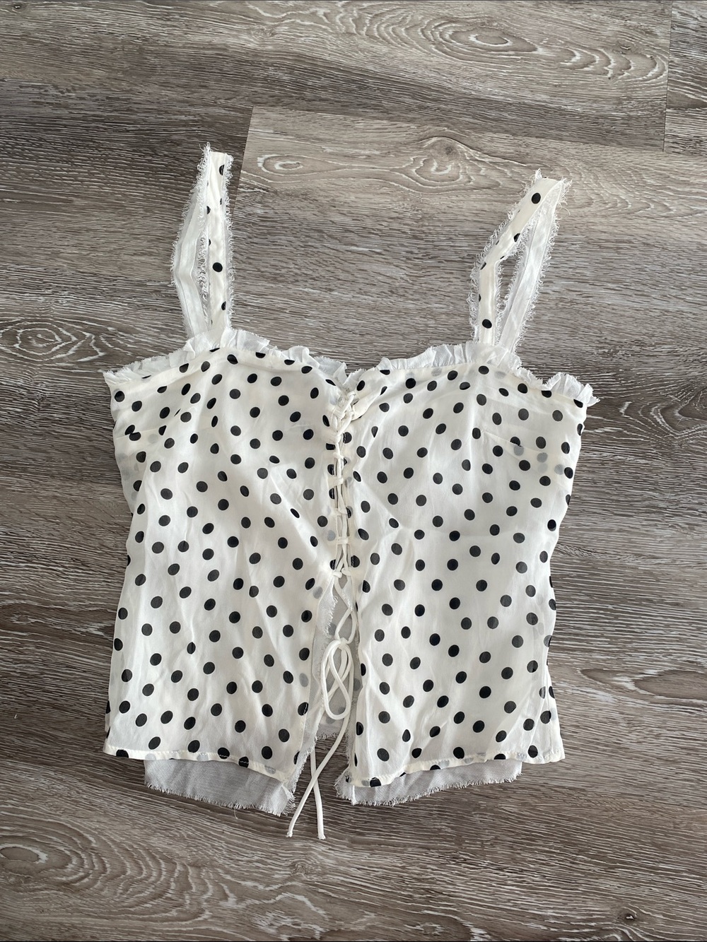 Zara White Cami with Black Polka Dots and Front Lace-Up